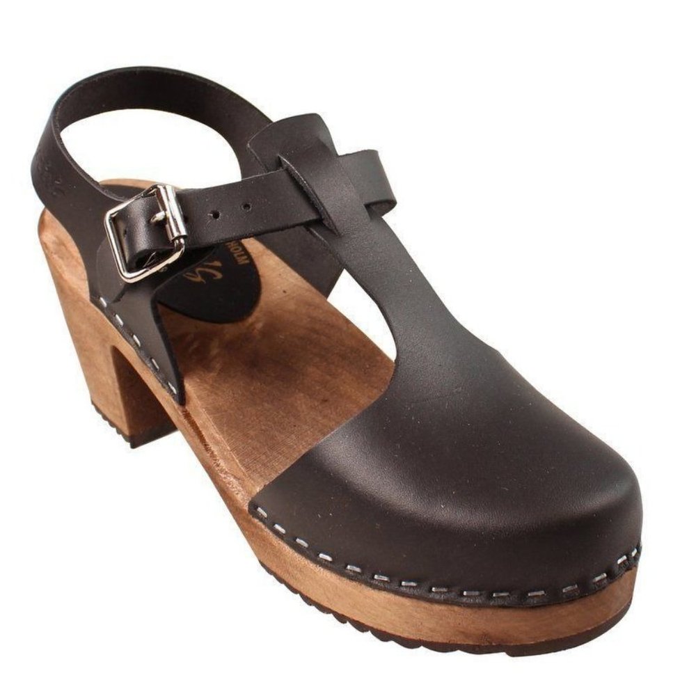 T-Strap Black Leather and Wood Clogs